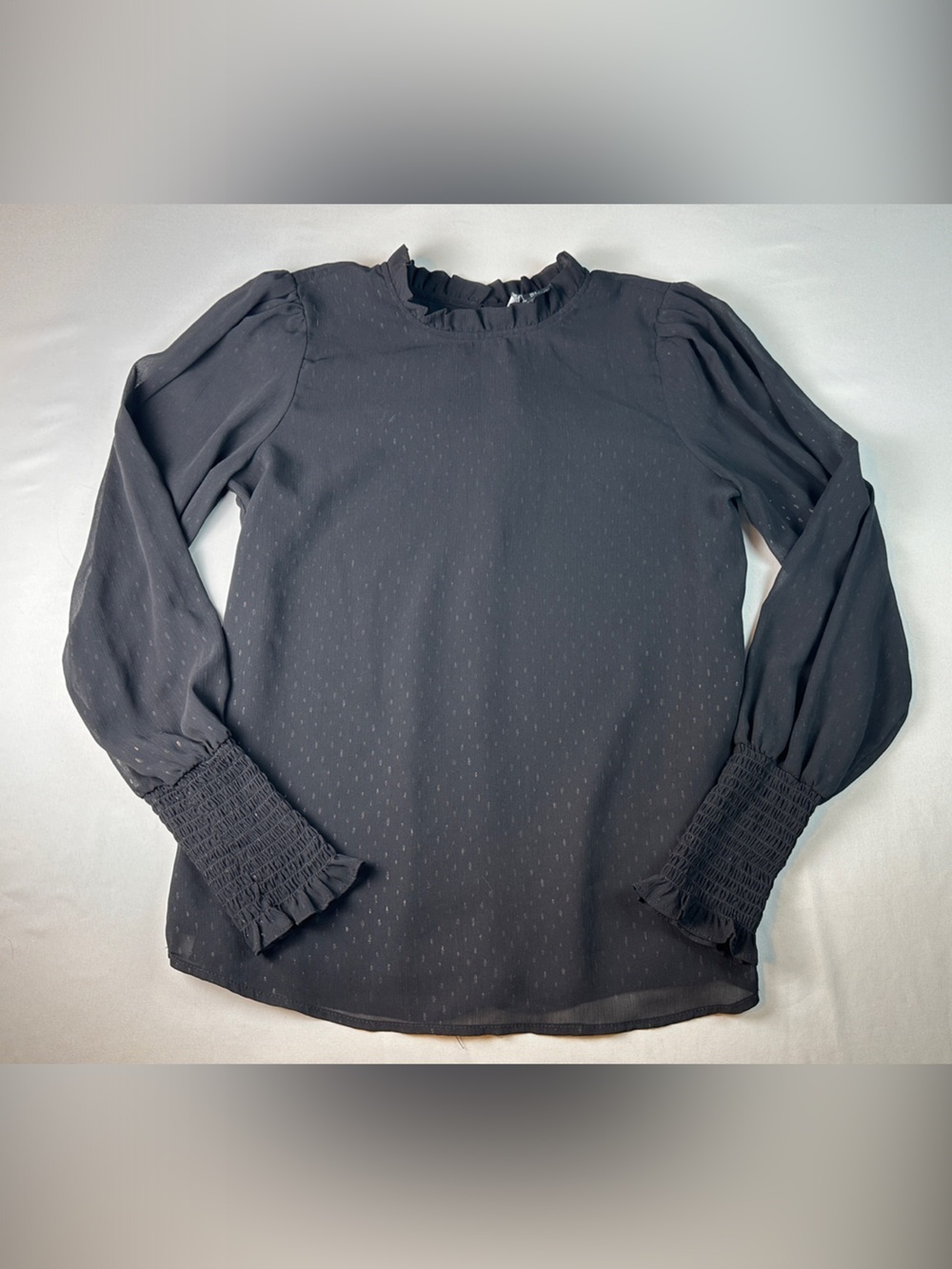 Rachel Zoe Black Ruffle-Neck Top Blouse Lined Smocked Ruched Cuff Ruffle